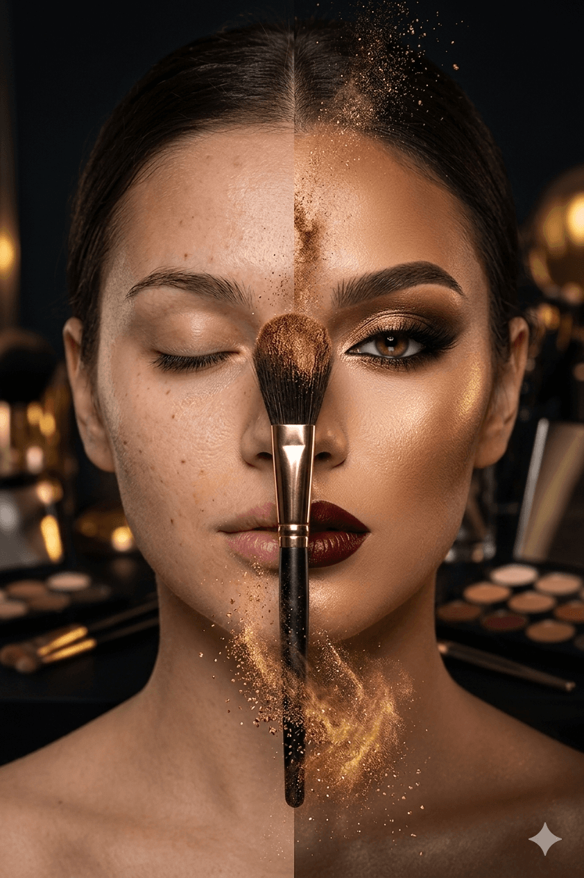 Natalija portrait divided between natural skin and a finished beauty look